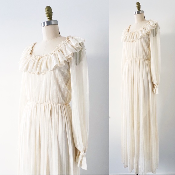 SOLD vintage • 70s cream maxi dress striped boho peasant fairy coquette bride - Picture 3 of 13